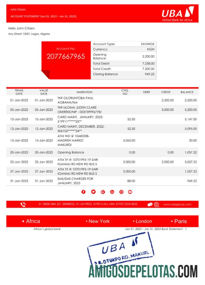 em branco Nigéria UBA modelo de extrato bancário Word e PDF, versão 2